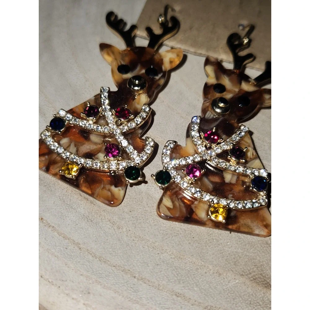 INC Christmas Reindeer Drop Earrings Gold Tone Jeweled Stone Holiday Dangle